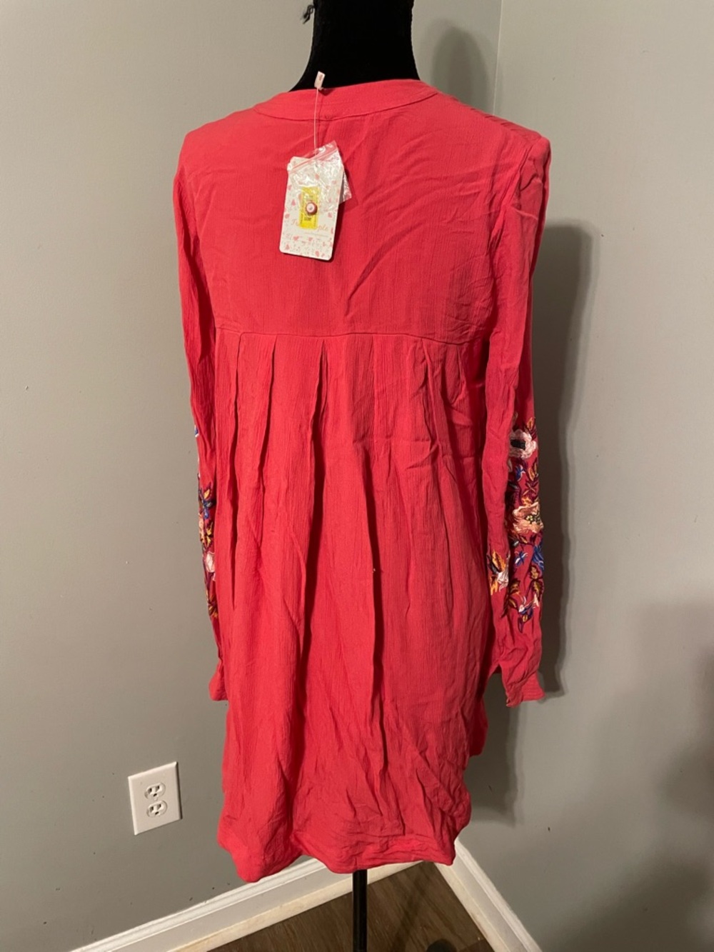 NWT Free People Bohemian Coral Embroidered Long-Sleeve Dress - Picture 6 of 8